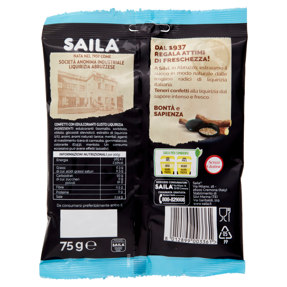 Saila con 100% Liquirizia Italiana Confetti teneri Senza Zucchero con estratto di Stevia 75 g