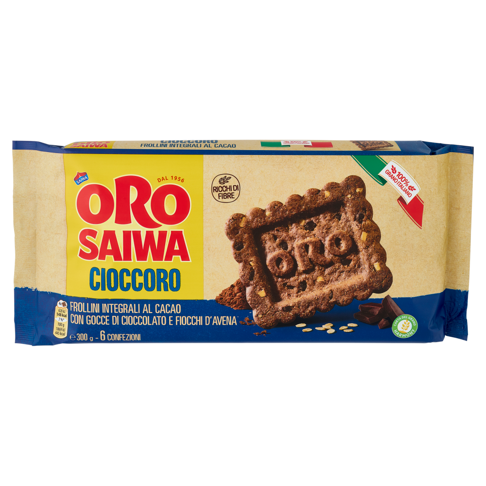 Oro Saiwa Cioccoro - frollini integrali al cacao con gocce di cioccolato e fiocchi d'avena - 300g