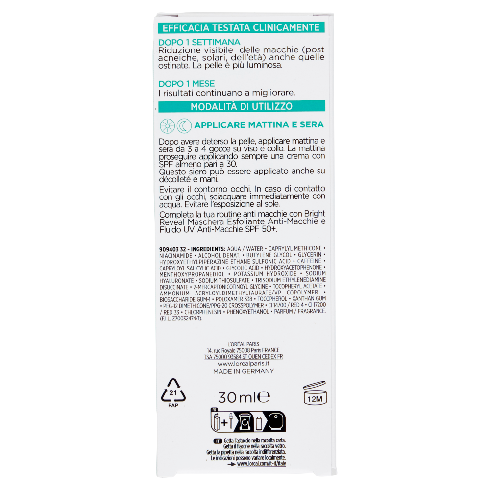 L'Oréal Paris Bright Reveal Siero Anti-Macchie 10% [Niacinamide + Acido Ammino-Solfonico], 30 ml