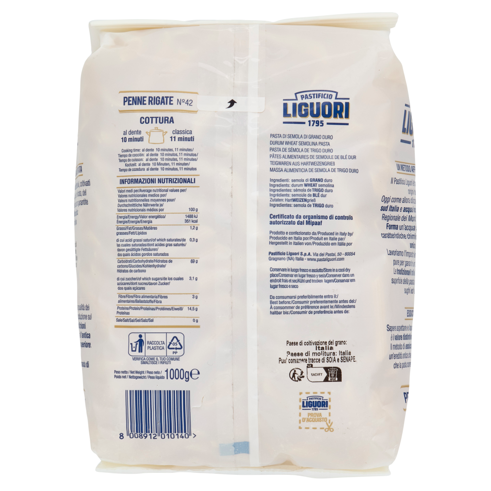 Pastificio Liguori Pasta di Gragnano I.G.P. Penne Rigate N&deg;42 1000 g