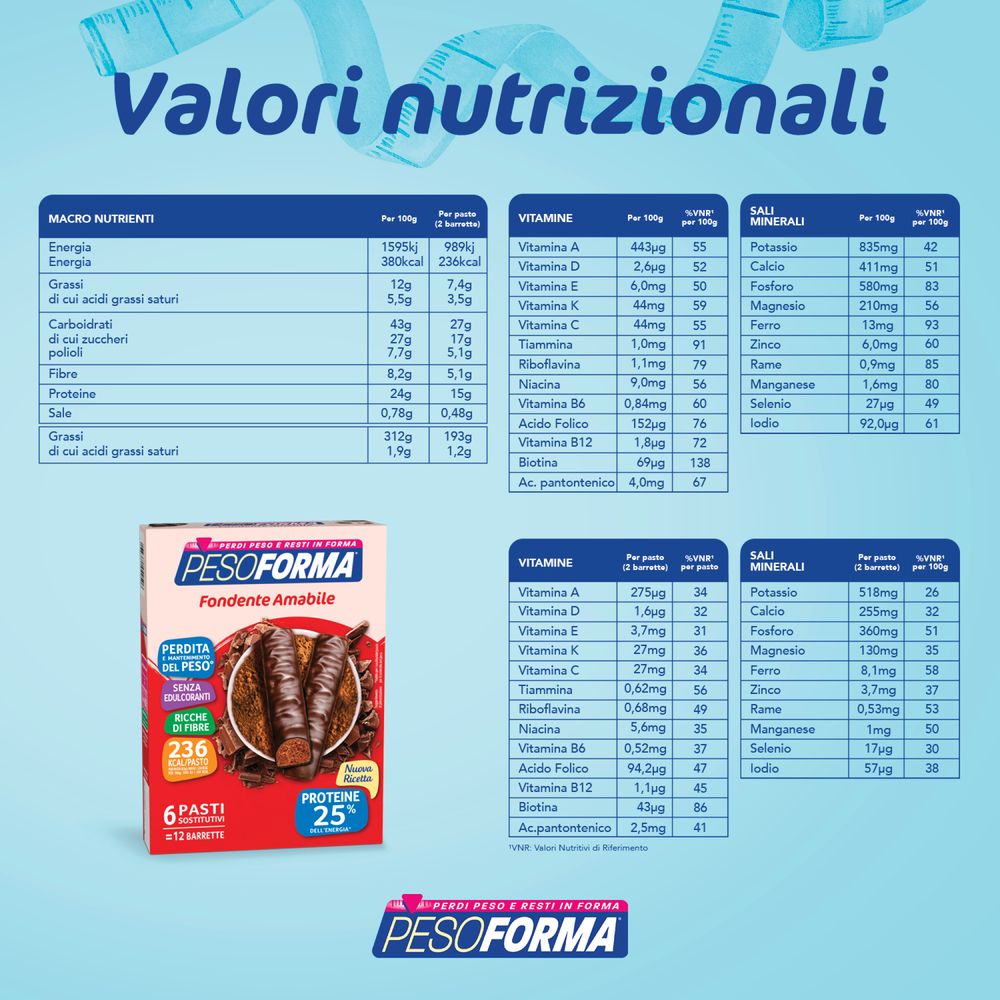 Pesoforma Barrette Fondente Amabile, Pasto Sostitutivo, 25% dell'energia in Proteine, 236 calorie per pasto, 12x31g