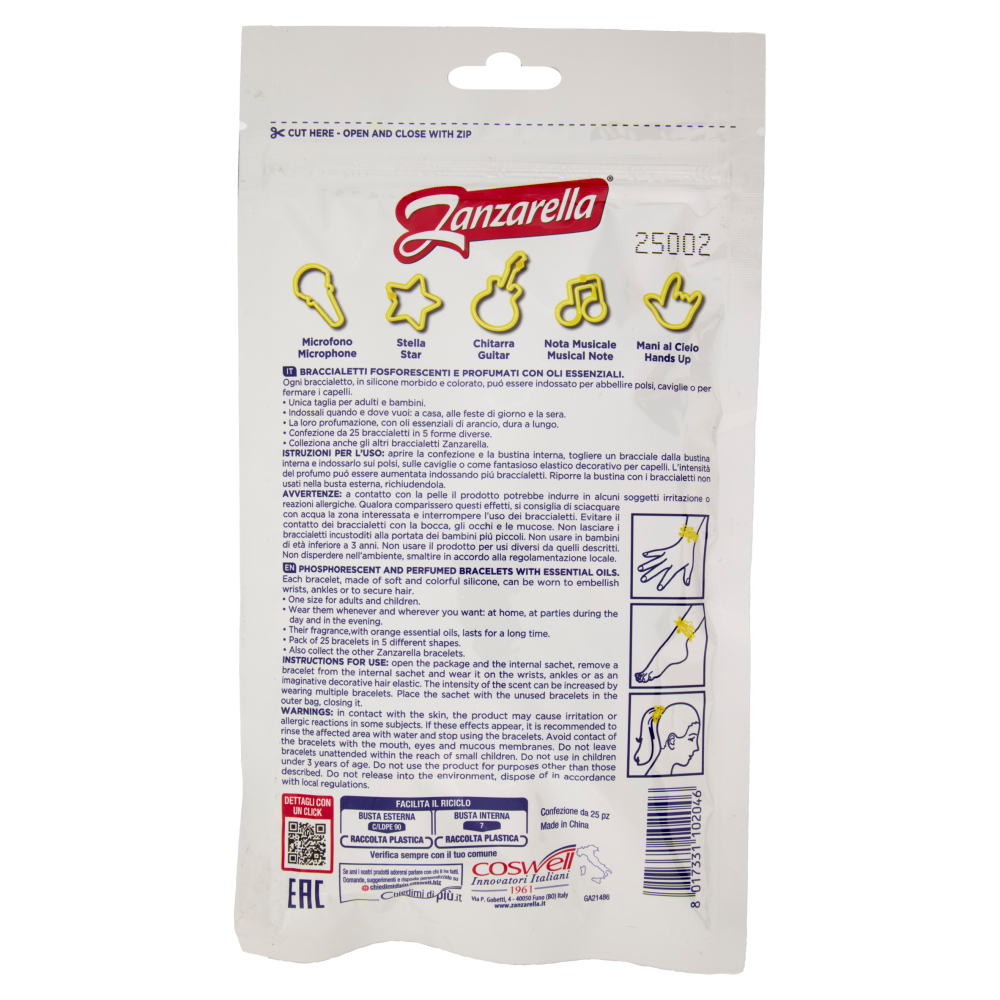 Zanzarella Braccialetti Fosforescenti e Profumati con Oli Essenziali Pop Star 25 pz