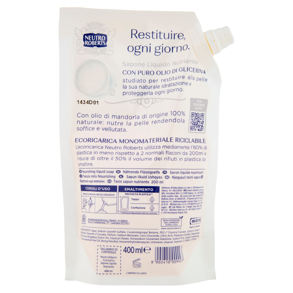 Neutro Roberts Nutriente Olio di Mandorla Sapone Liquido Ecoricarica 400 ml