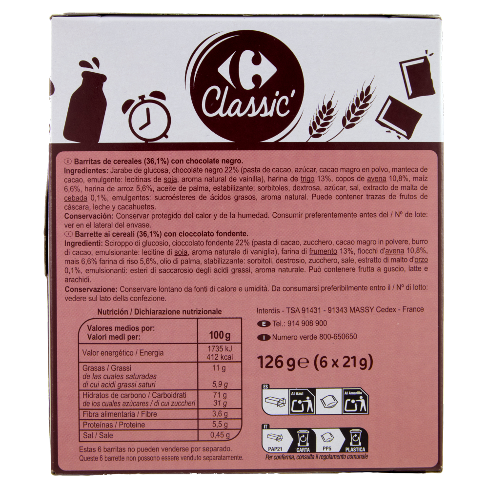 Carrefour Classic Cioccolato Fondente 4 Cereali 6 x 21 g