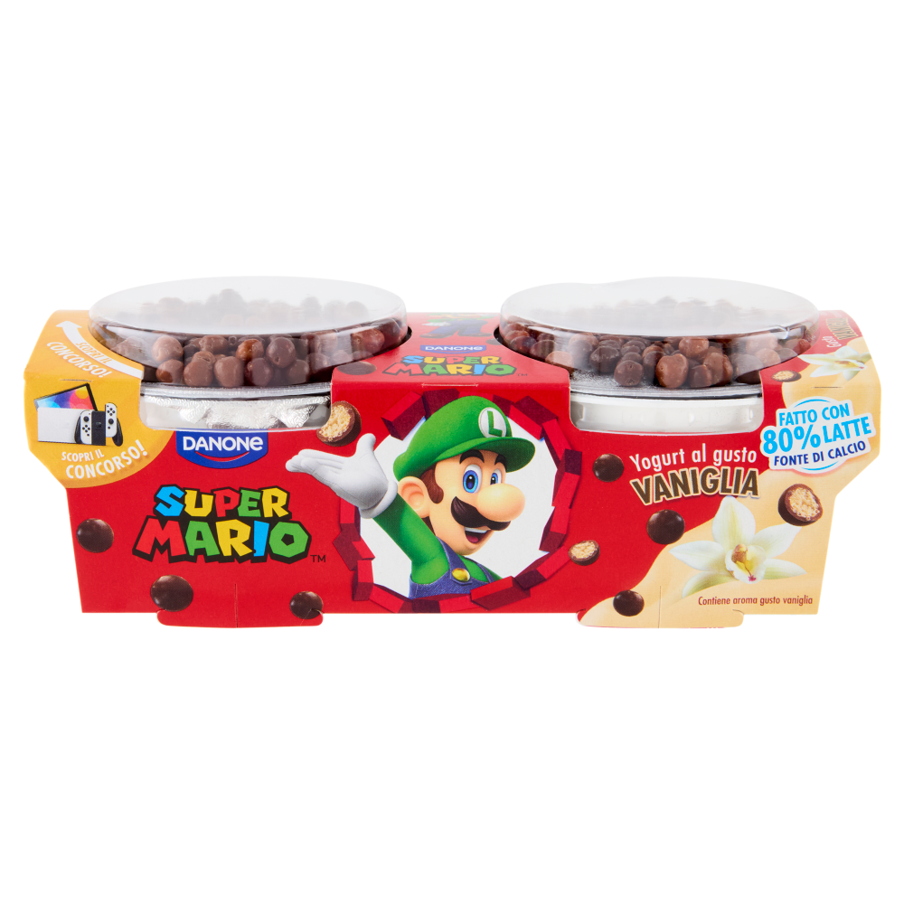 DANONE Supermario, Yogurt alla Vaniglia con palline di Cereali ricoperte al Cioccolato, 2x110g