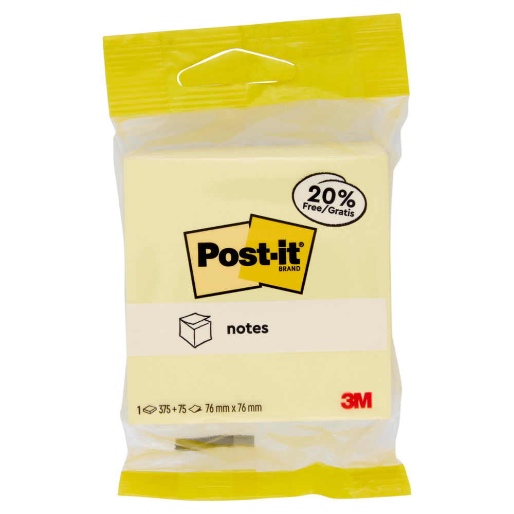 Post-it&reg; Cubo di foglietti - Canary Yellow - 76 mm x 76 mm - 375 fogli+20% gratis