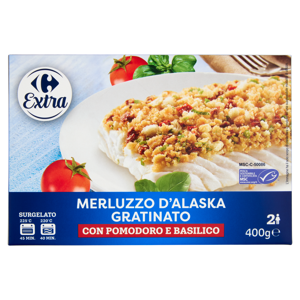 Carrefour Extra Merluzzo d'Alaska Gratinato con Pomodoro e Basilico Surgelato 400 g