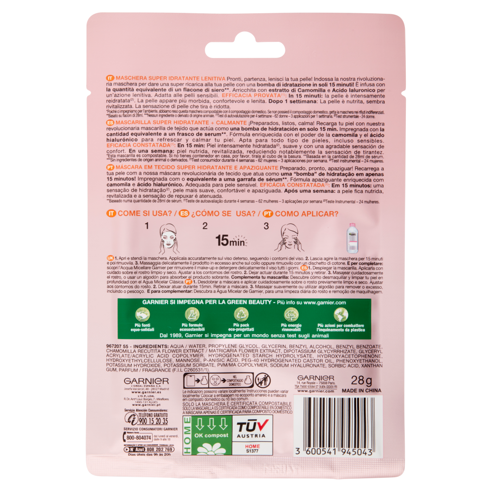 Garnier SkinActive Hydra Bomb Maschera Viso in Tessuto Super Idratante Lenitiva alla Camomilla