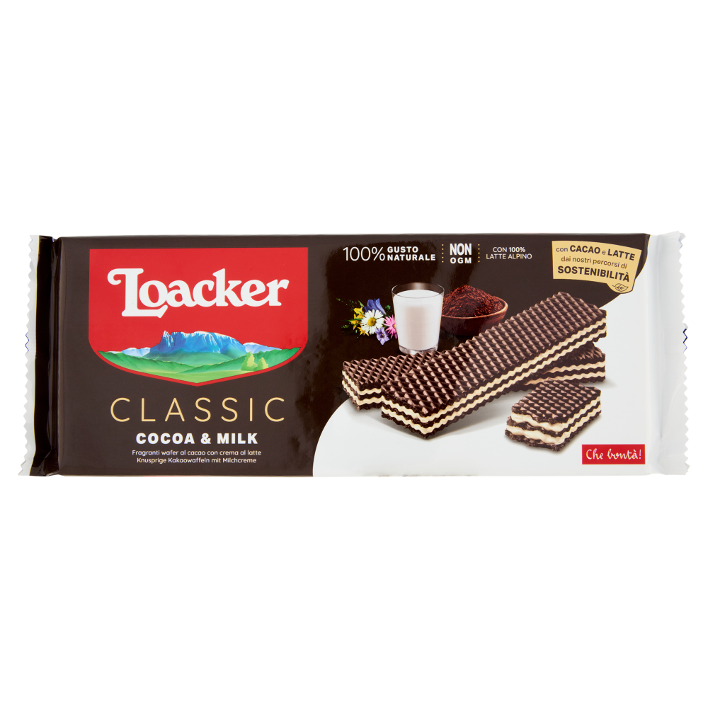 Loacker Classic Cocoa & Milk Wafer al Cacao con crema al Latte 100% Alpino Wafers 175g