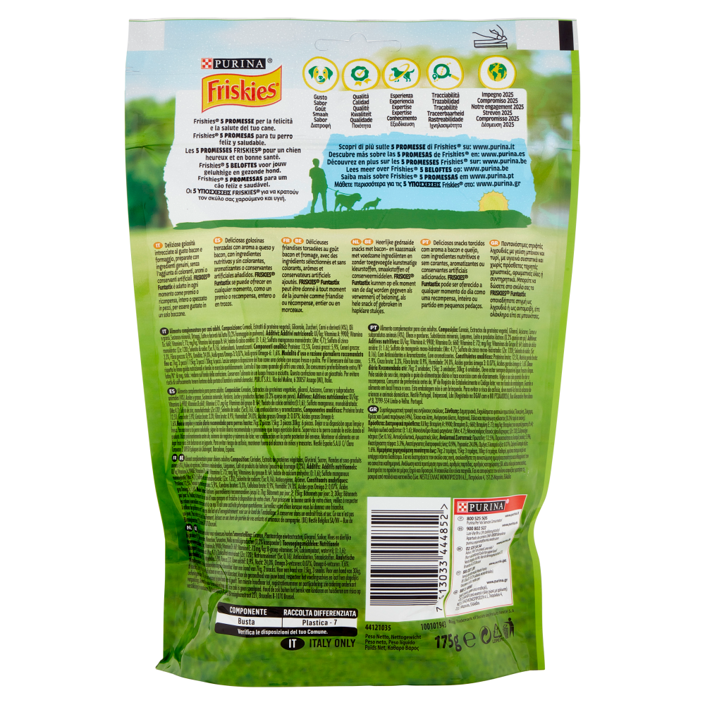 PURINA FRISKIES Funtastix Snack cane al gusto di Bacon e Formaggio busta 175 g