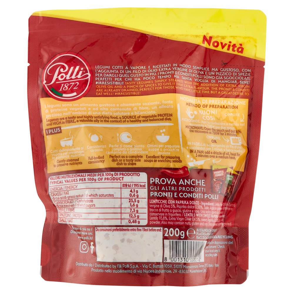 Polli Pronti & Conditi Lenticchie Cotte al Vapore con Paprika Dolce 200 g