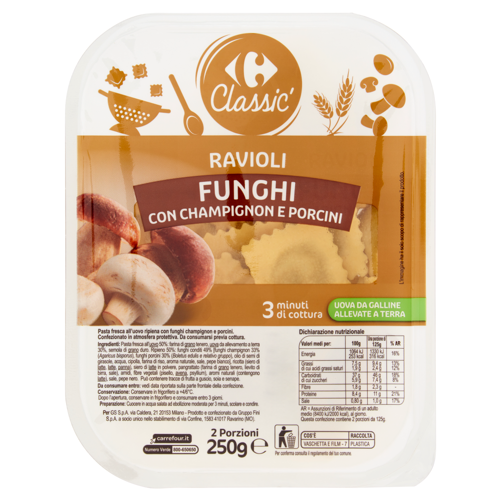 Carrefour Classic Ravioli Funghi con Champignon e Porcini 250 g
