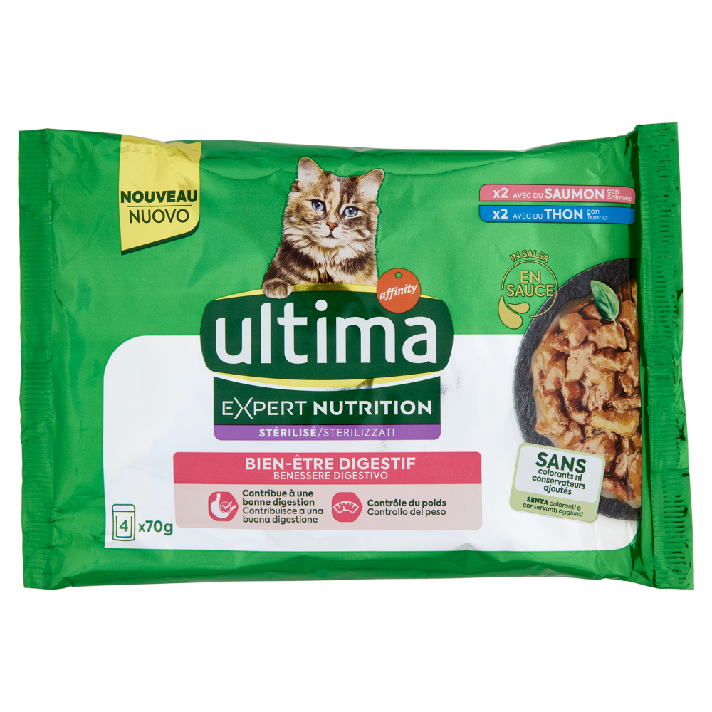 ultima Expert Nutrition Cat Sterilizzati Benessere Digestivo con Salmone, con Tonno in Salsa 4 x 70g