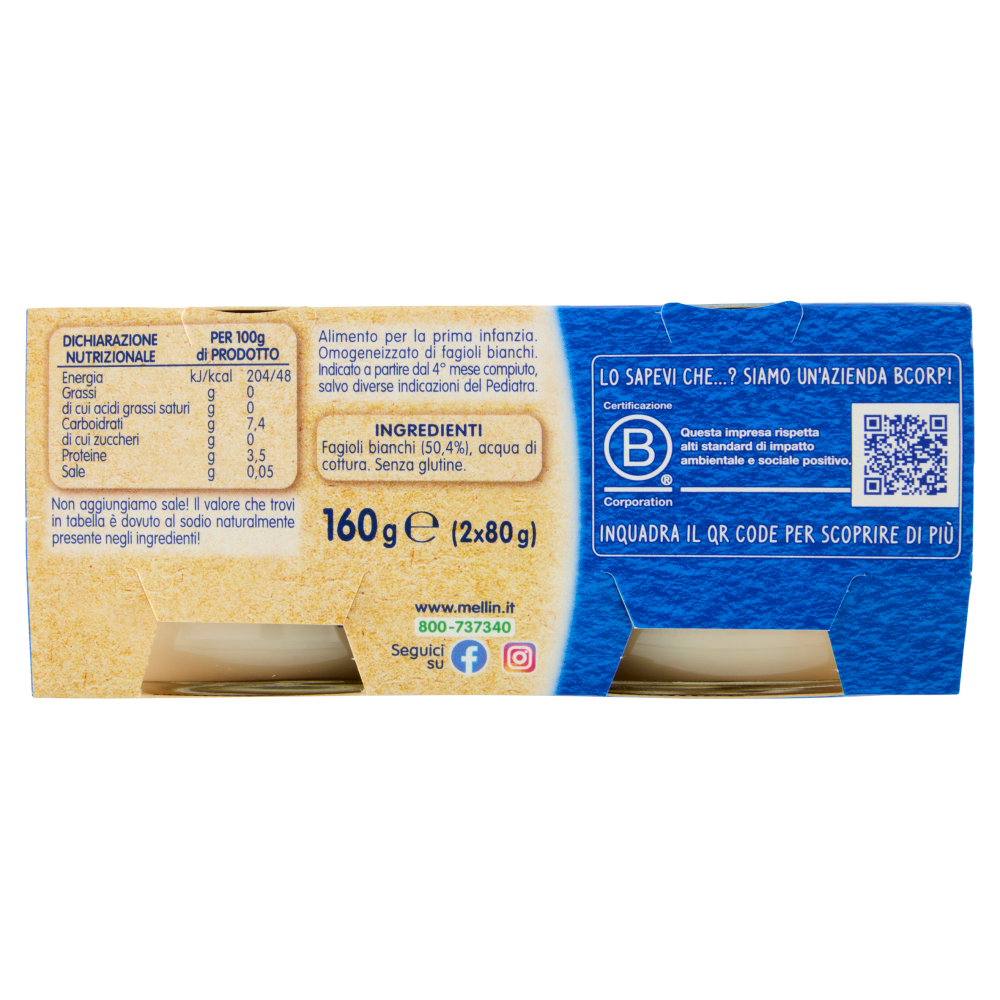 MELLIN Omogeneizzato, Fagioli Bianchi, Ricco di Proteine, 100% Vegetale, dal 4&deg; mese, 2x80 g
