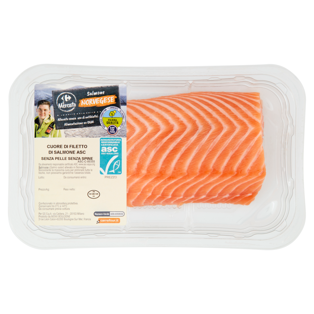 Carrefour il Mercato Salmone Norvegese Cuore di Filetto di Salmone ASC Senza Pelle Senza Spine