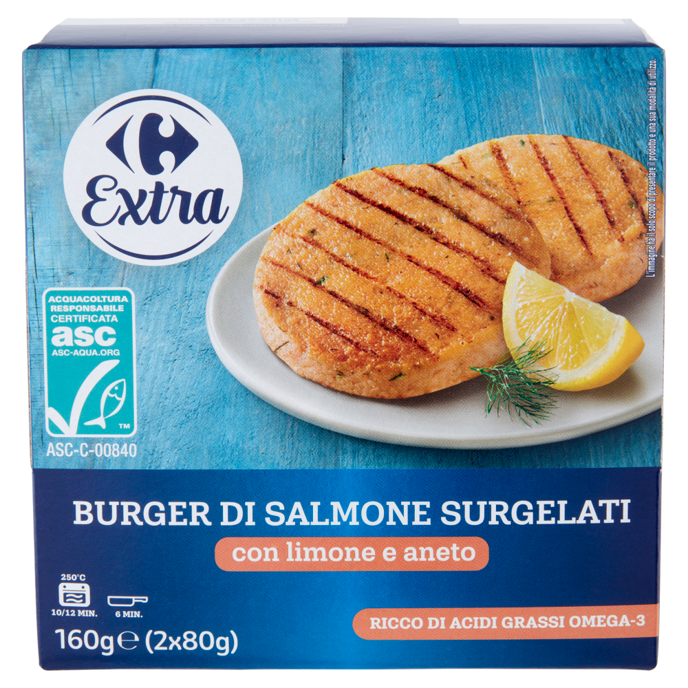 Carrefour Extra Burger di Salmone Surgelati con limone e aneto 2 x 80 g