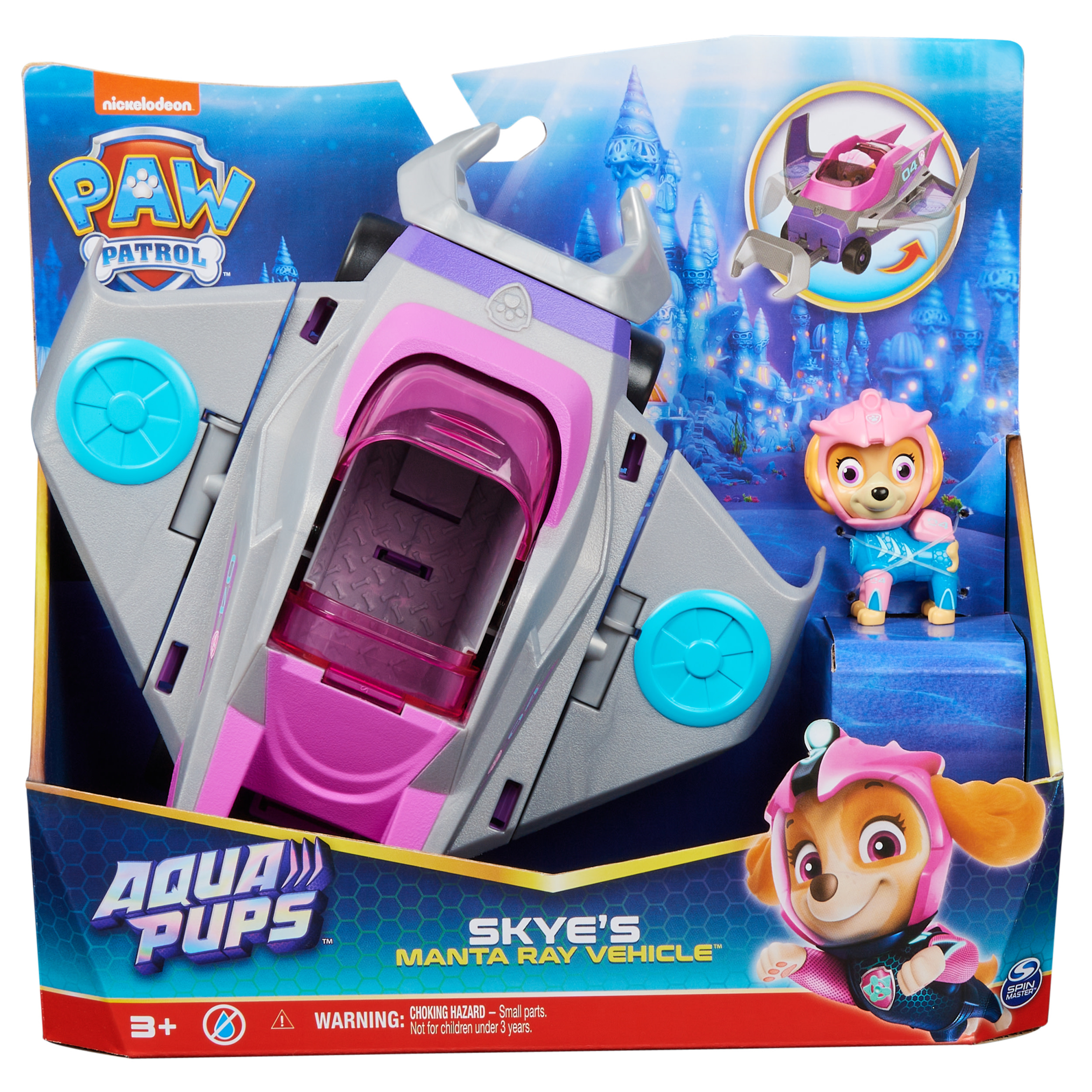 PAW Patrol Aqua Pups, Shark Vehicle trasformabile di Chase con action figure da collezione, giocattoli per bambini dai 3 anni in su