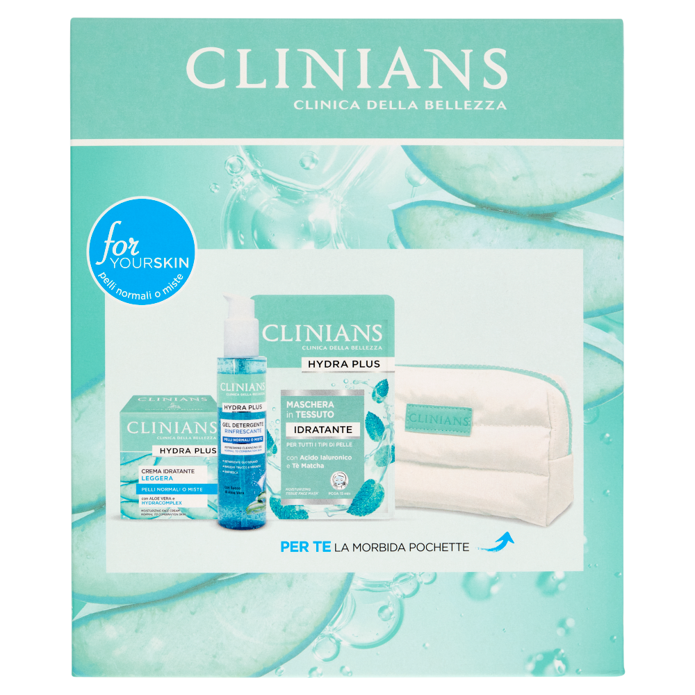Clinians Hydra Plus Idratante Gel Detergente 150 mL + Crema Idratante 50 mL + Maschera Viso 22 mL