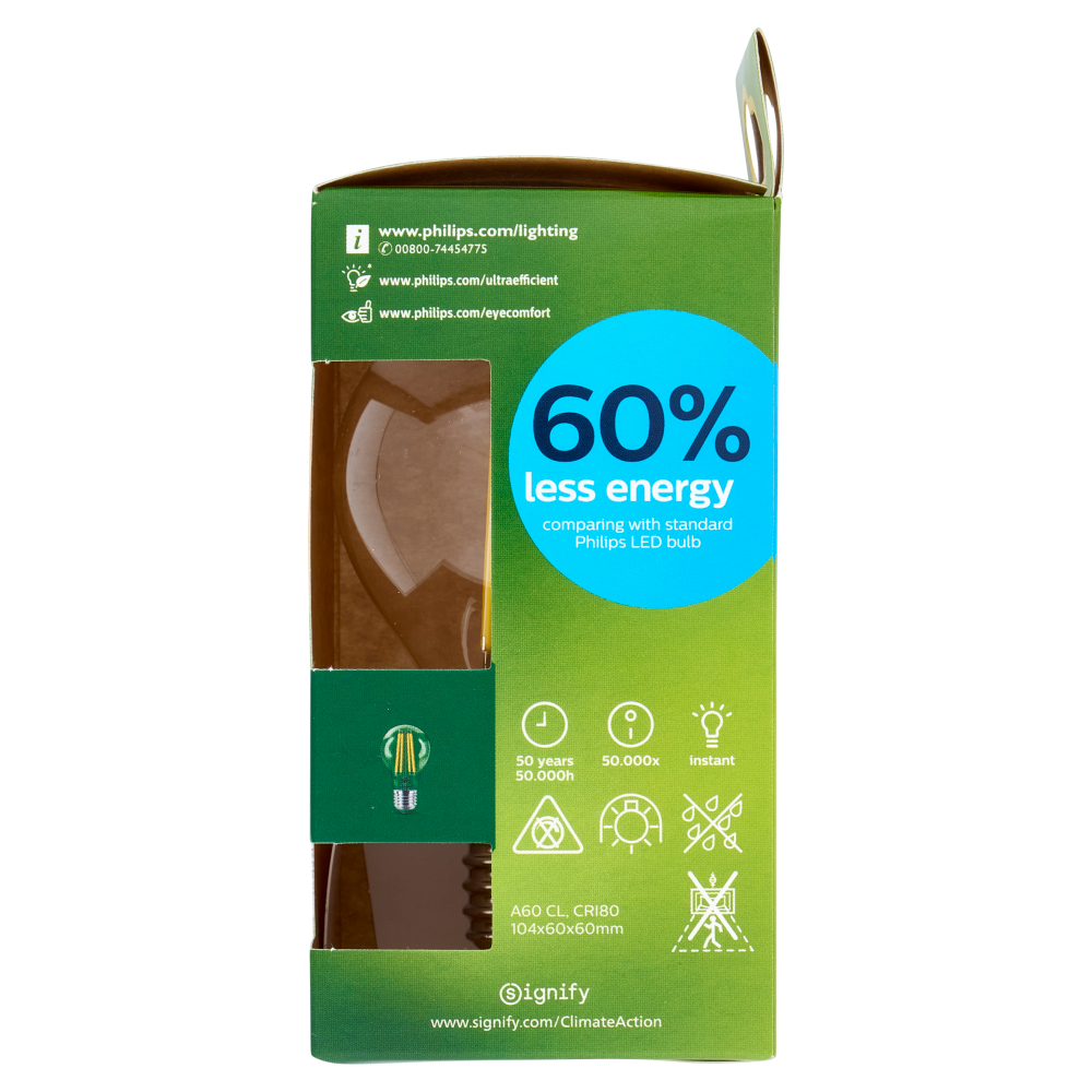 Philips LED Goccia Vetro Filam 60W E27 2700K Non-Dim Classe A