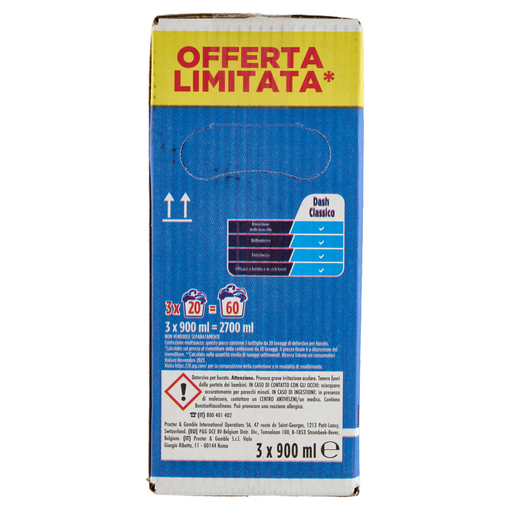 Dash Detersivo Liquido Lavatrice, Classico, 3x20=60 Lavaggi 3x900ml