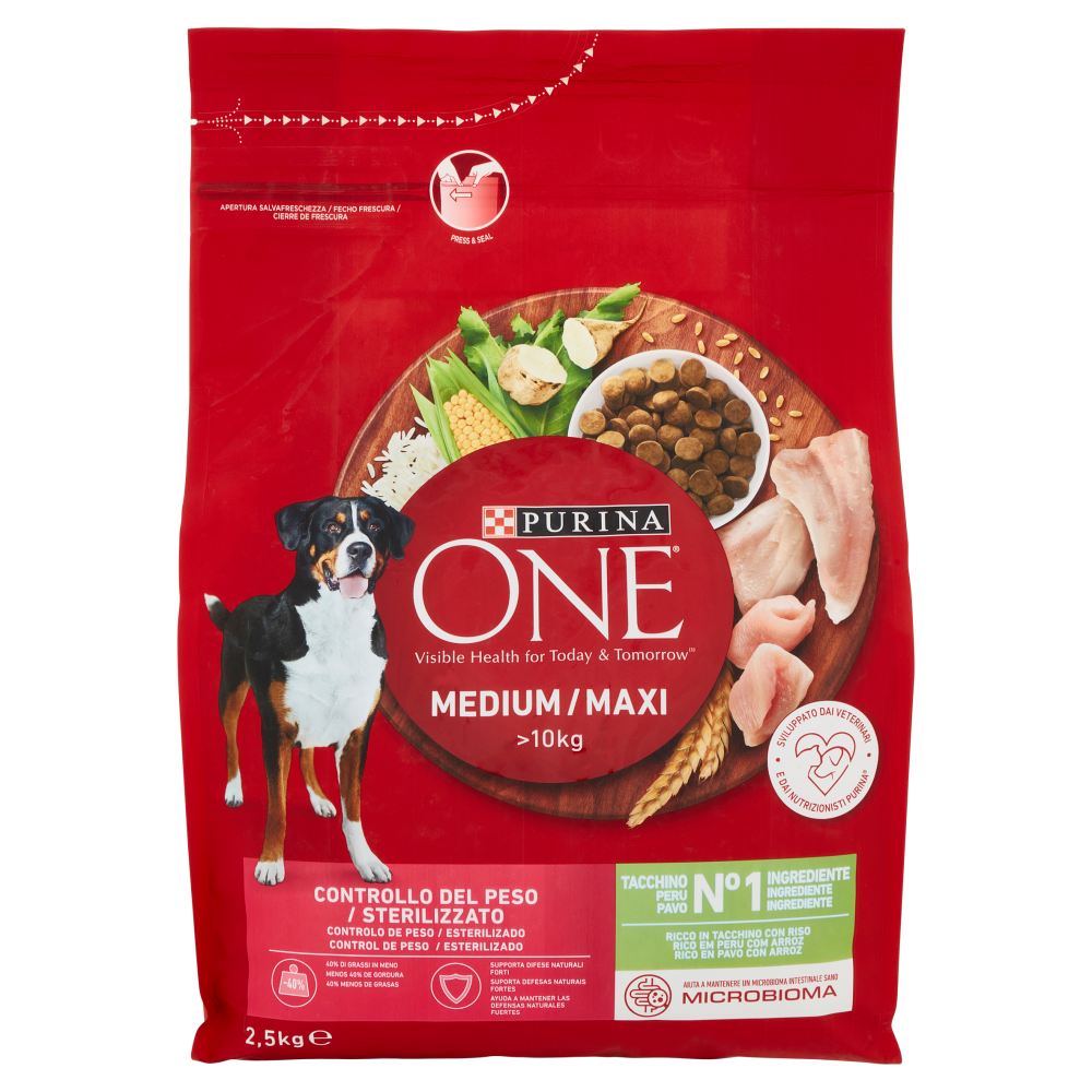 PURINA ONE Medium / Maxi Controllo del Peso / Sterilizzato Ricco in Tacchino con Riso 2,5 kg