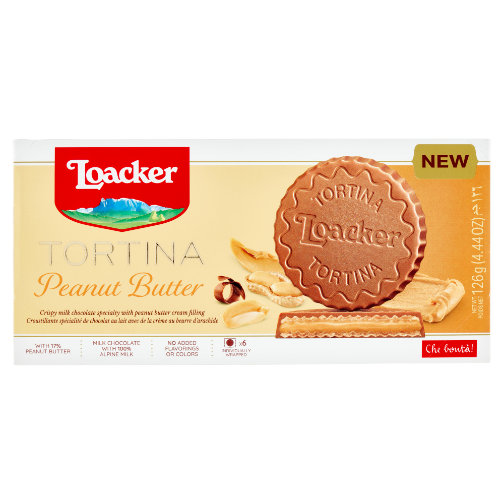 Loacker Tortina Peanut Butter Wafer ricoperto di cioccolato al latte con crema alle arachidi 21gx6