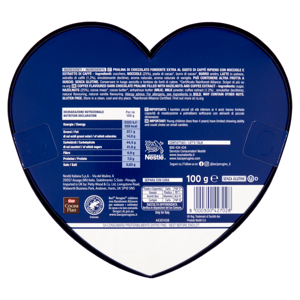 BACI PERUGINA Caff&egrave; Cioccolatini Fondenti ripieni al gusto di Caff&egrave; Scatola Cuore San Valentino 100g