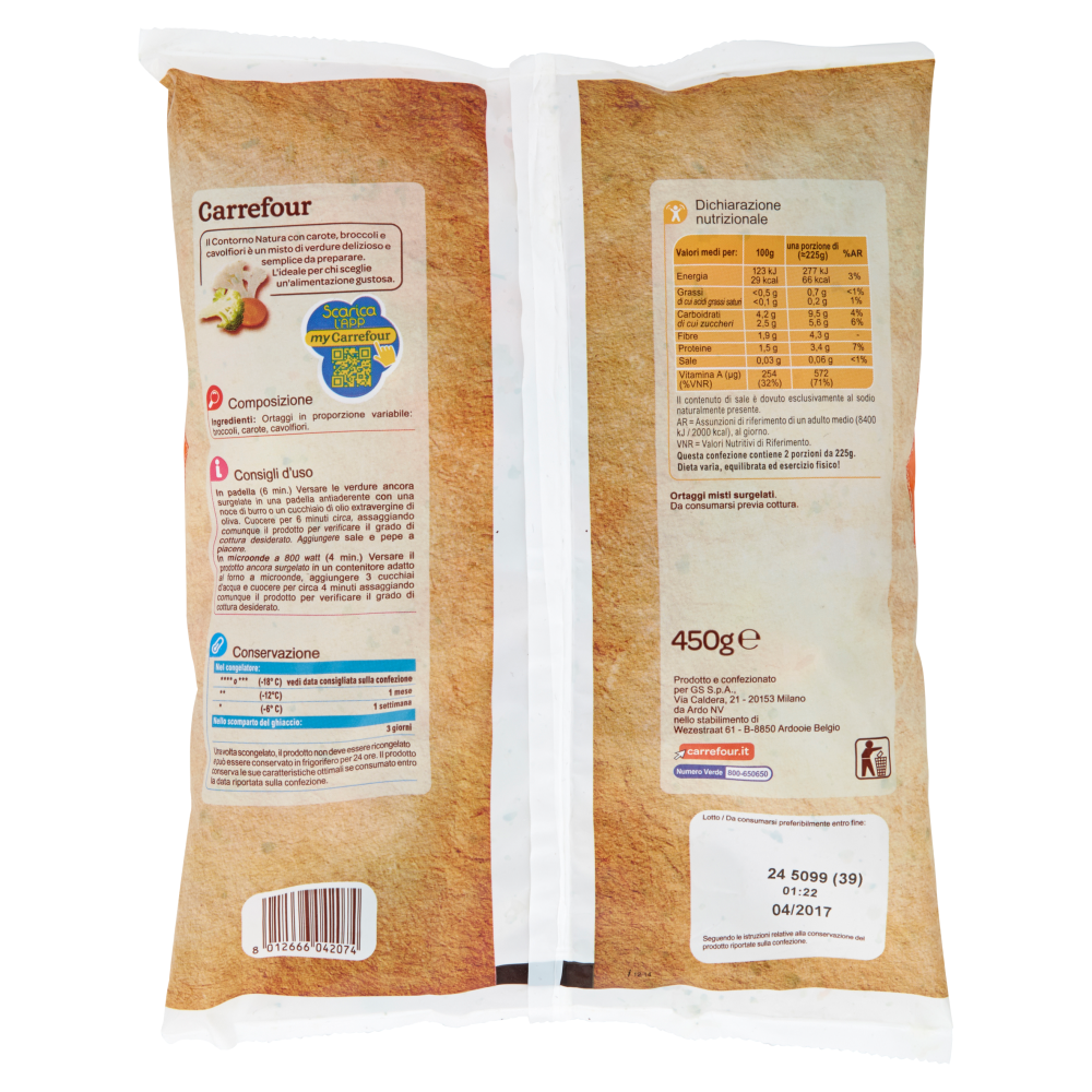 Carrefour Contorno Natura Carote, Broccoli, Cavolfiori Surgelato 450 g