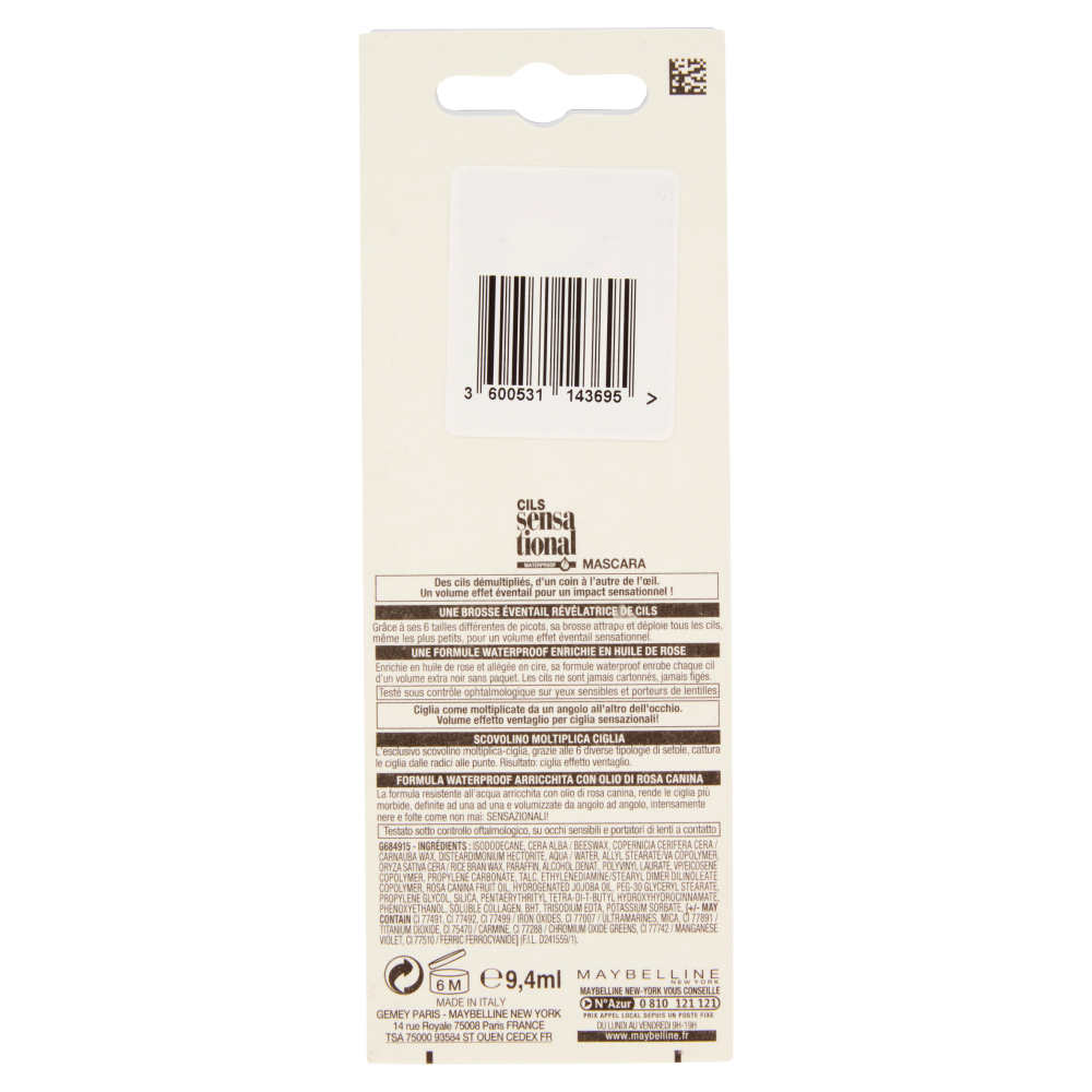 Maybelline New York Ciglia Sensazionali Mascara Volumizzante Waterproof, Effetto Ventaglio