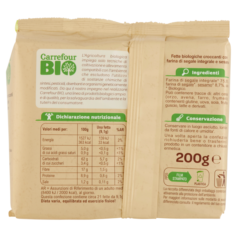 Carrefour Bio Fette biologiche croccanti con farina di segale integrale e sesamo 200 g