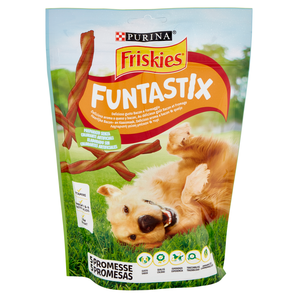 PURINA FRISKIES Funtastix Snack cane al gusto di Bacon e Formaggio busta 175 g