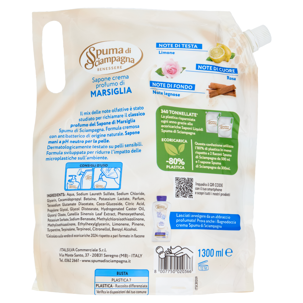 Spuma di Sciampagna Benessere Sapone crema Marsiglia Ecoricarica 1300 ml