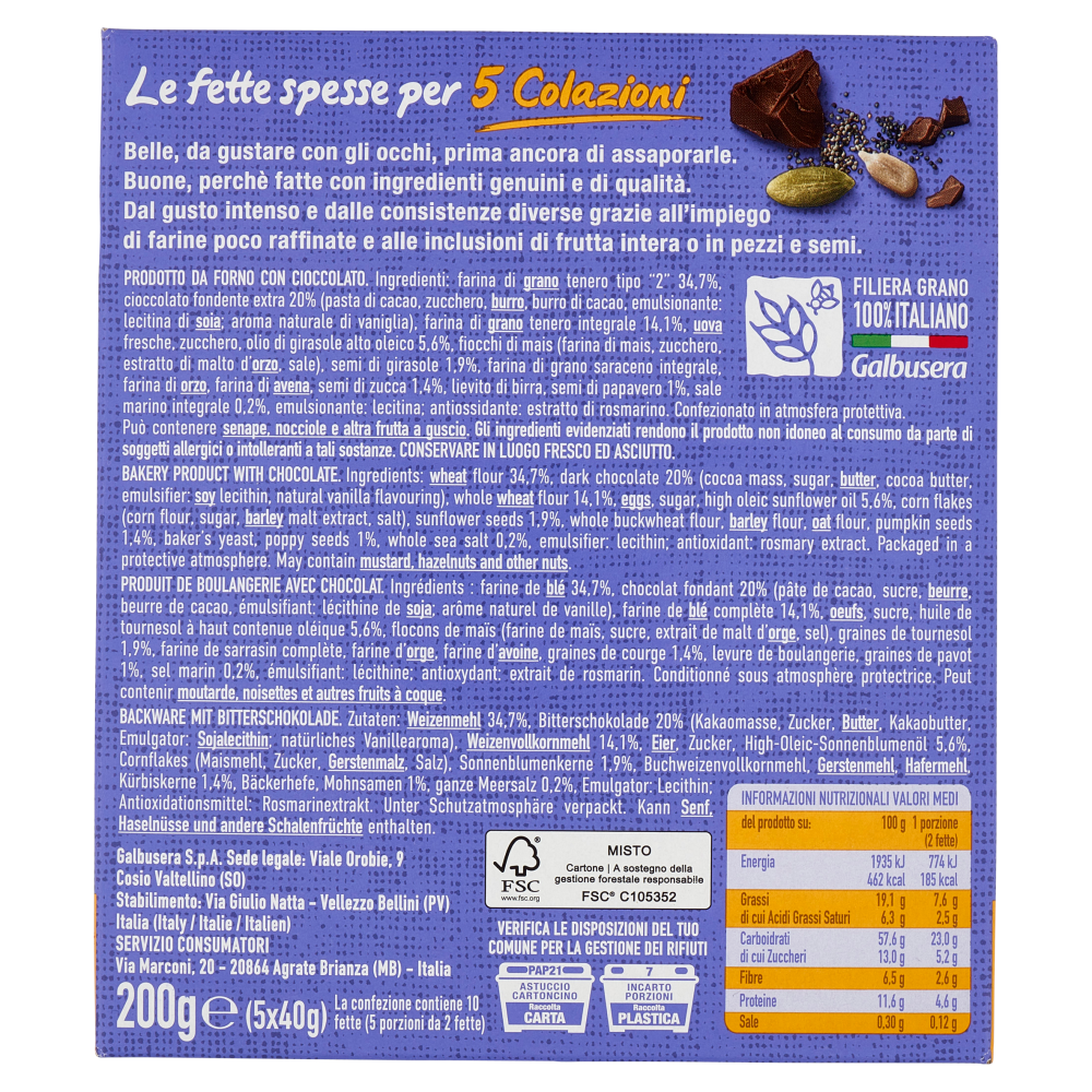 Galbusera BelleBuone 5 Colazioni Cioccolato semi di papavero, semi di girasole e semi di zucca 5x40g