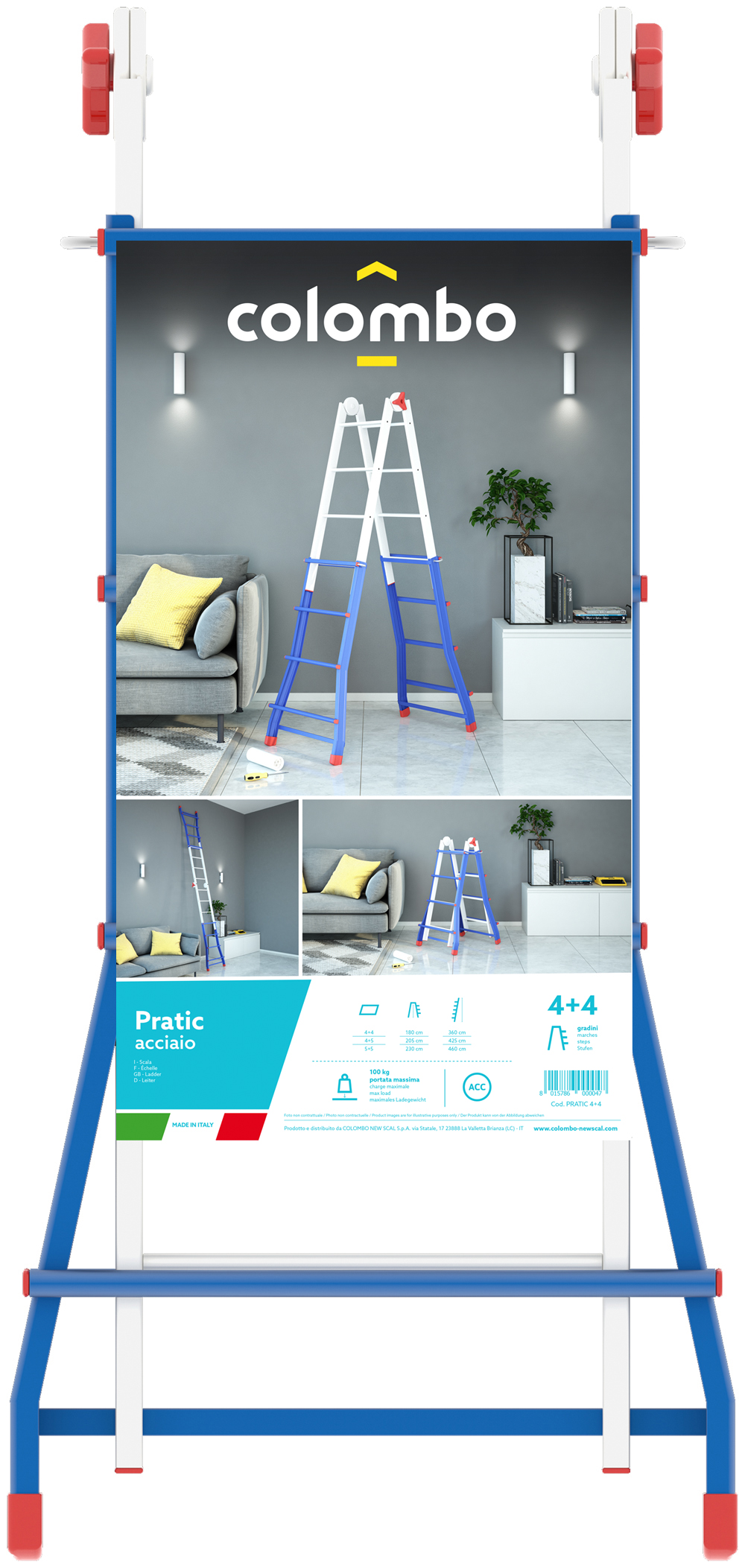 Scala Telescopica Colombo In Acciaio 4+4 Gradini - Altezza 3.7m | Snodo Semi-Automatico E Antiscivolo - Foto 5