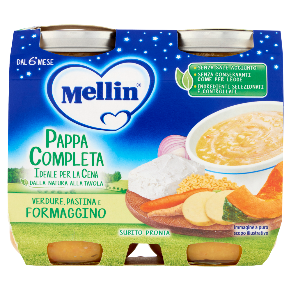MELLIN Pappa Completa ideale per la Cena, Pastina Verdure Formaggino, dal 6&deg; mese, 2x200g