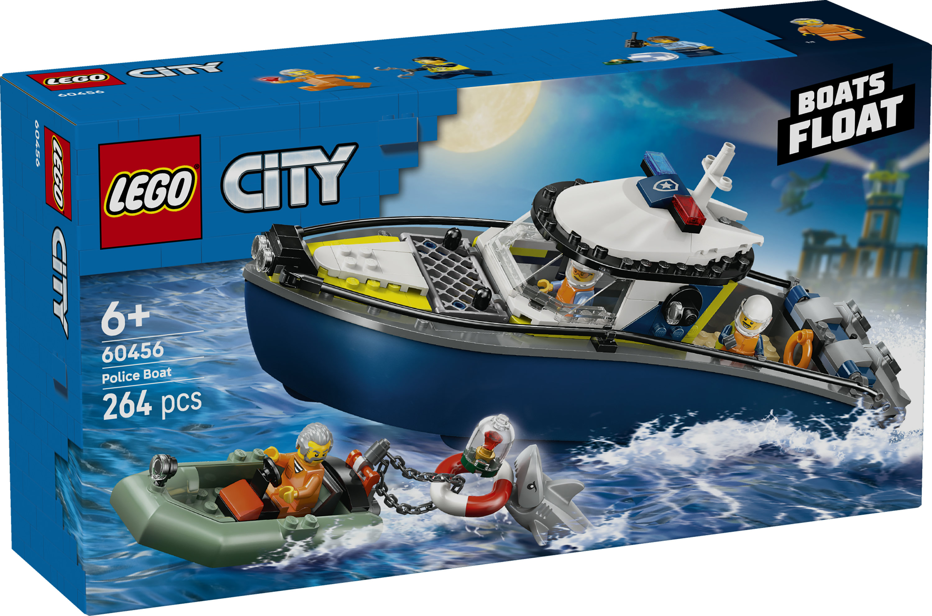LEGO City 60456 Inseguimento del Motoscafo della Polizia, con 2 Barche Giocattolo, 3 Minifigure, Squalo, Regalo per Bambini6+