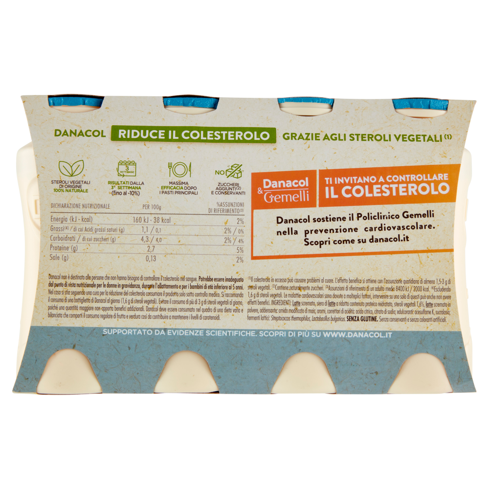 DANACOL Yogurt da bere, Riduce il Colesterolo grazie agli Steroli Vegetali, Bianco Naturale, 8x100g