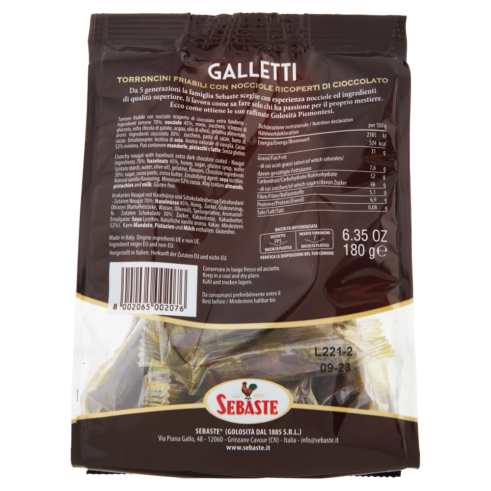 Sebaste Galletti torroncini friabili con nocciole ricoperti di cioccolato 180 g