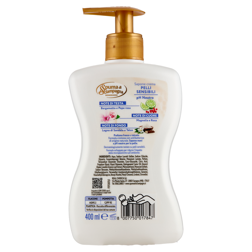Spuma di Sciampagna Benessere Sapone crema Pelli Sensibili pH Neutro 400 ml