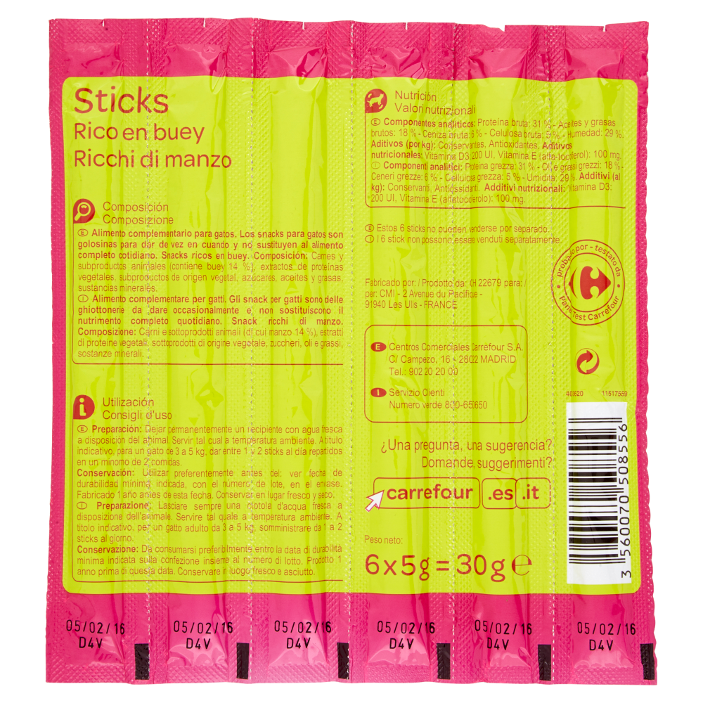 Carrefour Snacks Sticks ricchi di manzo per gatti 6 x 5 g