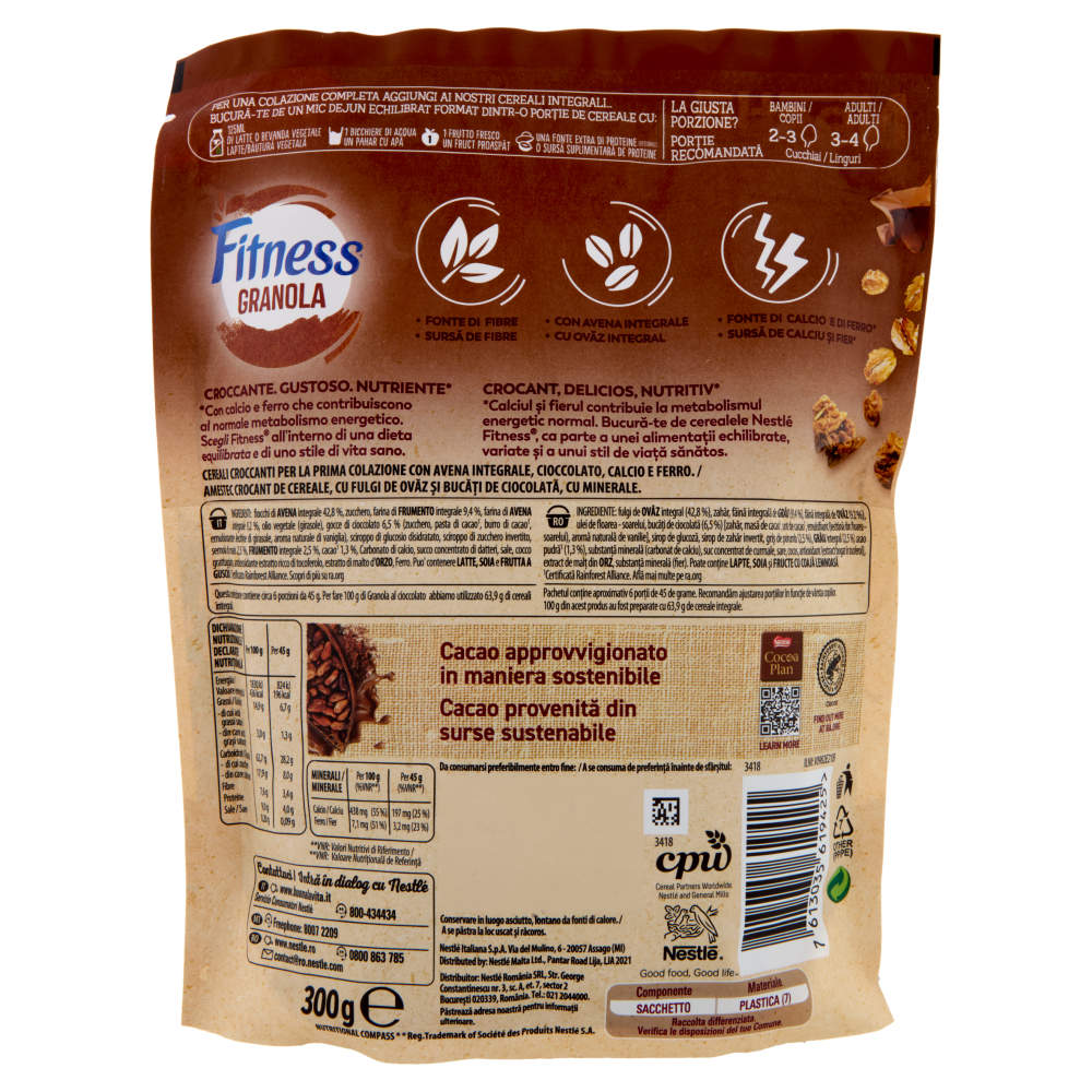 FITNESS Granola Cioccolato con Avena e Cereali Integrali 300g