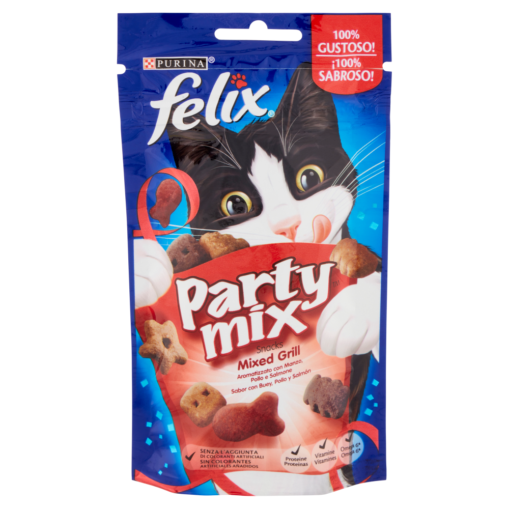 PURINA FELIX Party Mix Snack Gatto Mixed Grill Aromatizzato con Manzo