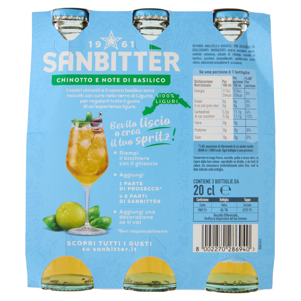 Sanbittèr, Chinotto e note di Basilico, Aperitivo Analcolico - 3 x 200ml