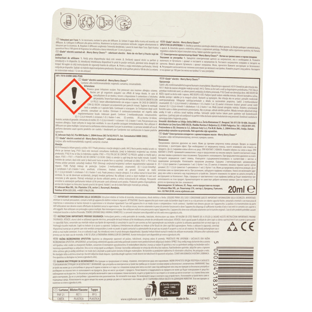 Glade Oli Essenziali, Profumatore Ambienti Diffusore con Ricarica, Fragranza Merry Berry Cheers 20ml