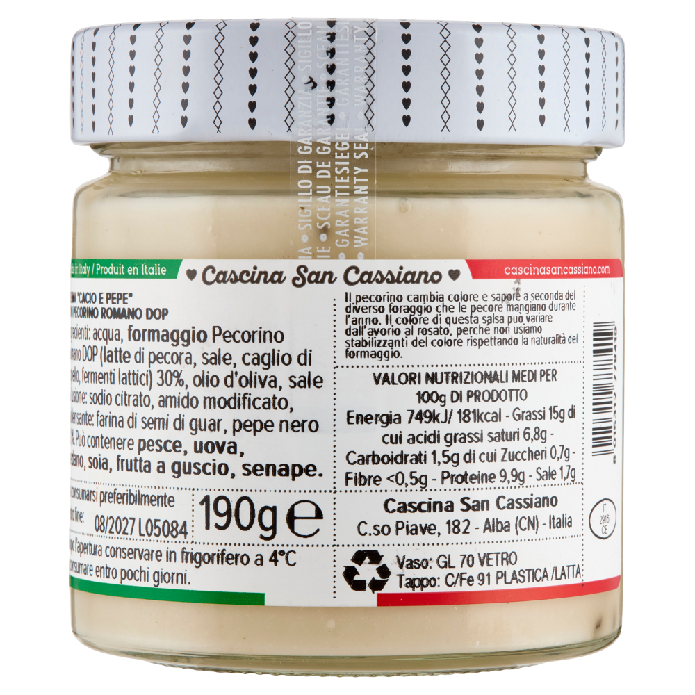 cascina San Cassiano La Dispensa Crema Cacio e Pepe con Pecorino Romano DOP 190 g