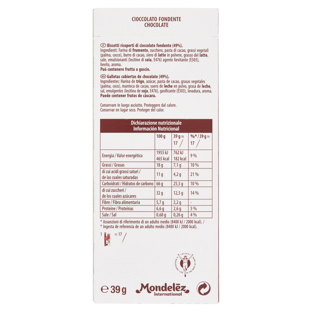  Mikado, biscotto ricoperto di cioccolato fondente formato pocket 39g