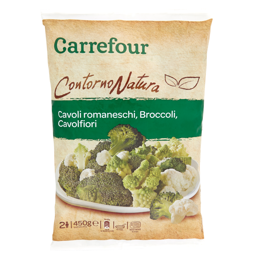 Carrefour Contorno Natura Cavoli romaneschi, Broccoli, Cavolfiori Surgelato 450 g