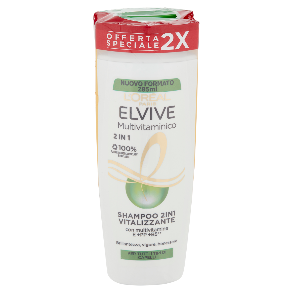 L'Or&eacute;al Paris Shampoo 2in1 Elvive Multivitaminico, Azione Vitalizzante, Confezione da 2