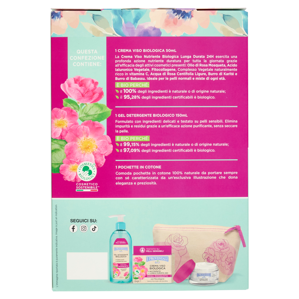 I Provenzali Bio Rosa Mosqueta Crema Viso Biologica 50mL + Gel Detergente Biologico 150mL + Pochette
