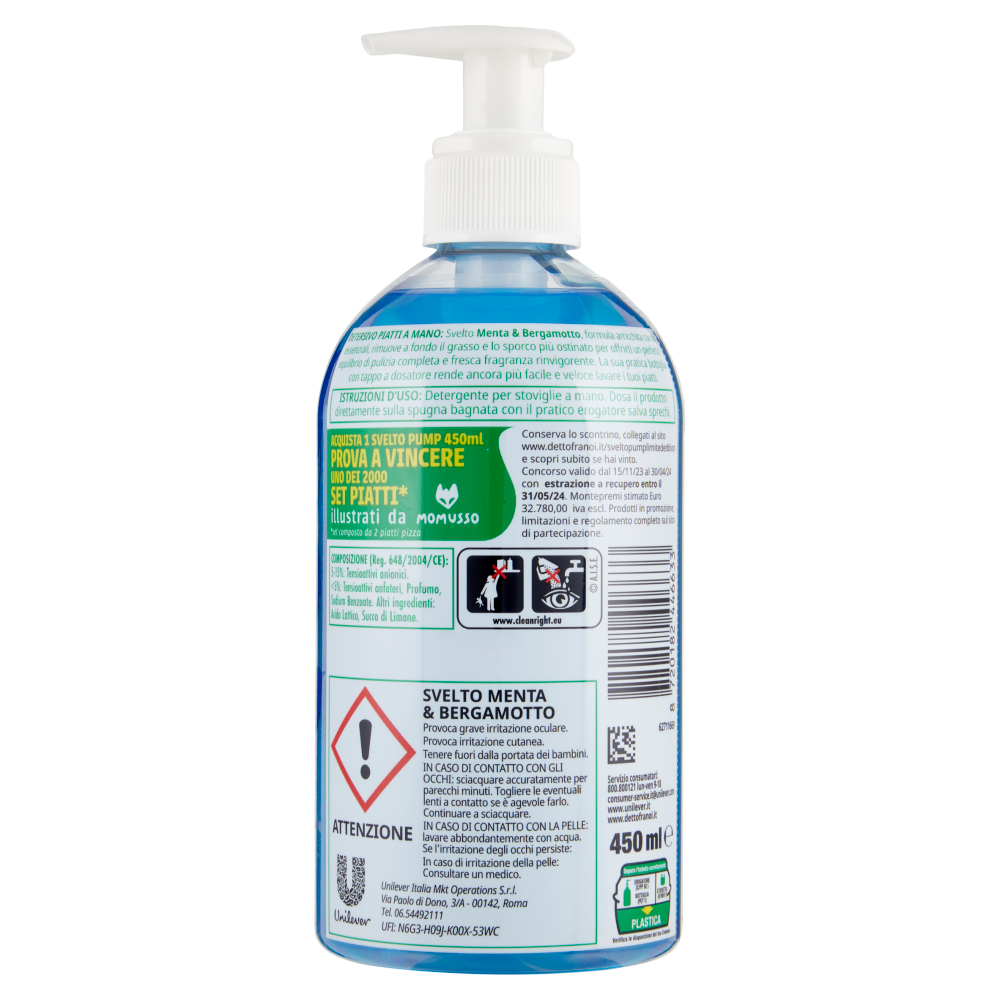 Svelto detersivo piatti menta e bergamotto 450 ml